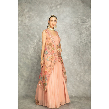 Tanu Malhotra Peach Embroidered Cape with Crop Top and Skirt (Set of 3)