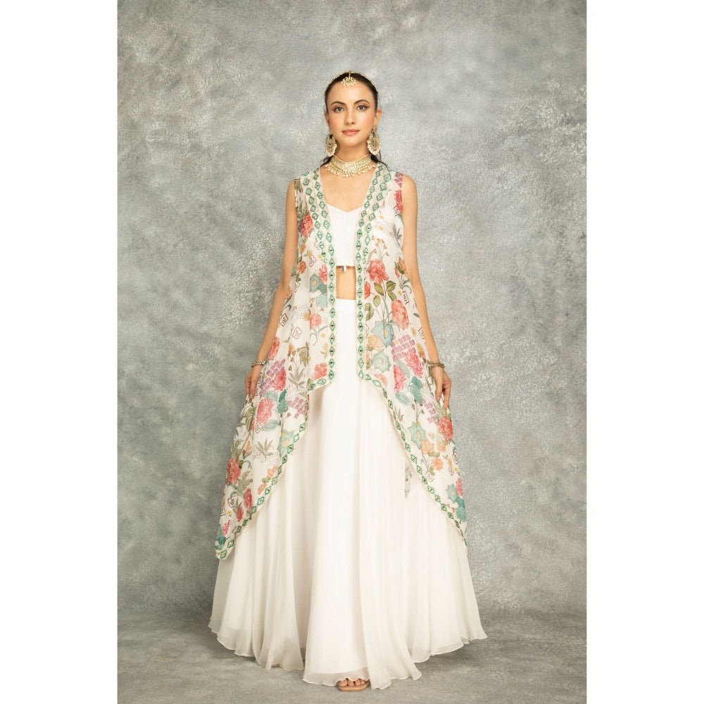 Tanu Malhotra White Mirror Embroidered Cape with Crop Top and Skirt (Set of 3)