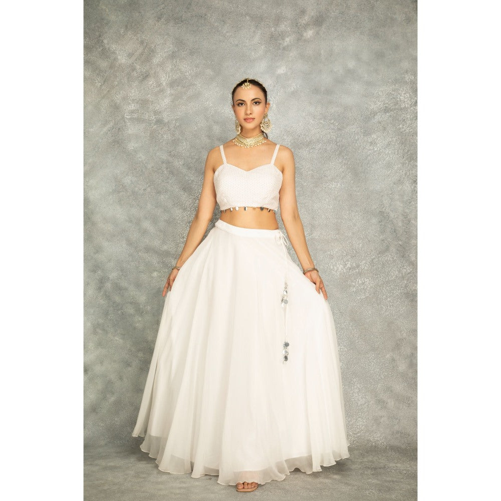 Tanu Malhotra White Mirror Embroidered Cape with Crop Top and Skirt (Set of 3)