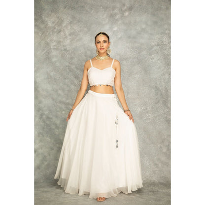 Tanu Malhotra White Mirror Embroidered Cape with Crop Top and Skirt (Set of 3)