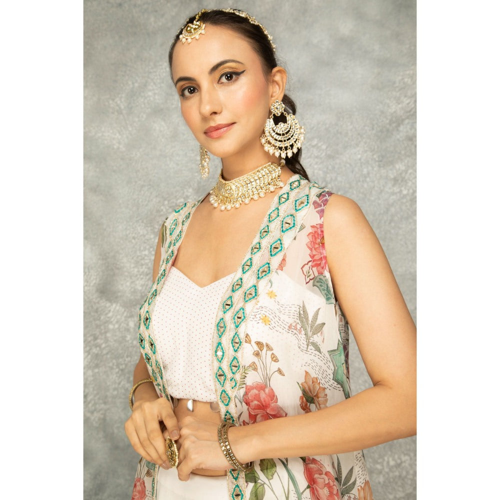 Tanu Malhotra White Mirror Embroidered Cape with Crop Top and Skirt (Set of 3)