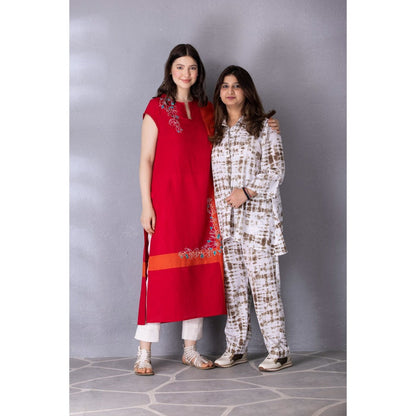 Tanu Malhotra Cherry Red Cotton Linen Embroidered Kurta with Pant (Set of 2)