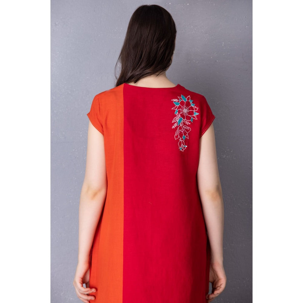 Tanu Malhotra Cherry Red Cotton Linen Embroidered Kurta with Pant (Set of 2)