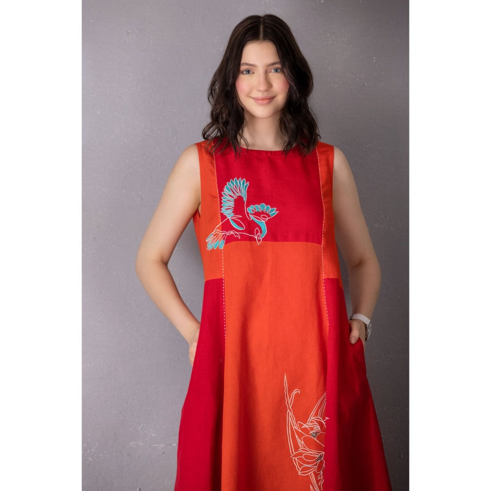 Tanu Malhotra Burnt Orange Cotton Linen Embroidered Dress