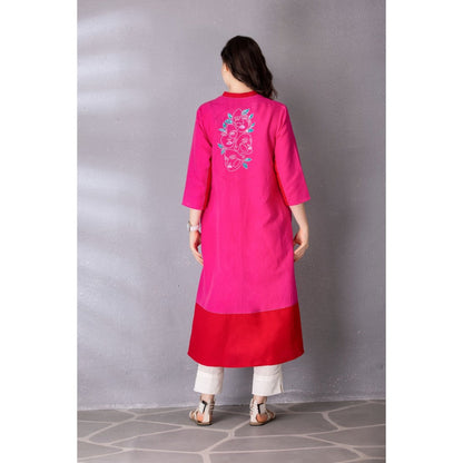Tanu Malhotra Pink Bubble Gum Embroidered A-Line Kurta with Pant (Set of 2)