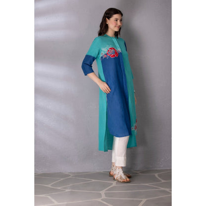 Tanu Malhotra Blue Cotton Linen Embroidered High-Low Kurta with Pant (Set of 2)