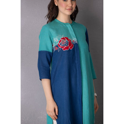 Tanu Malhotra Blue Cotton Linen Embroidered High-Low Kurta with Pant (Set of 2)