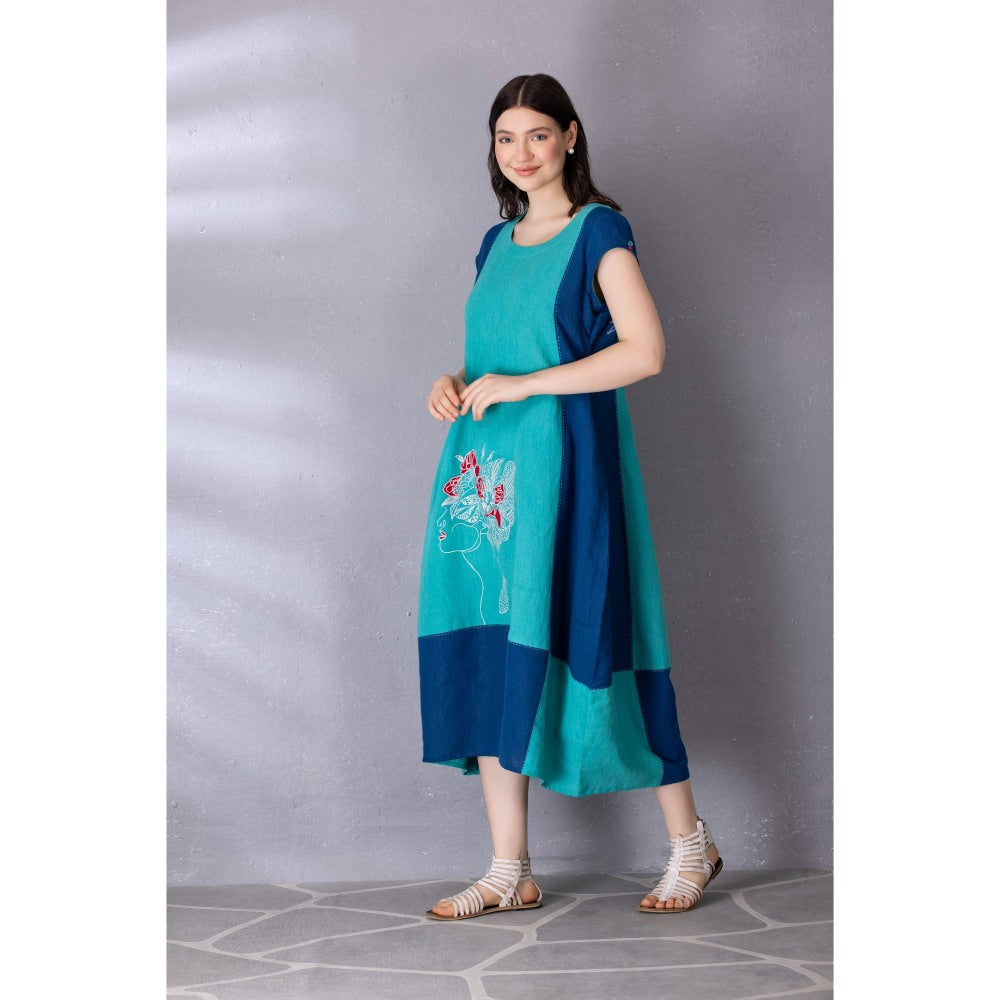 Tanu Malhotra Blue Cotton Linen Embroidered Dress