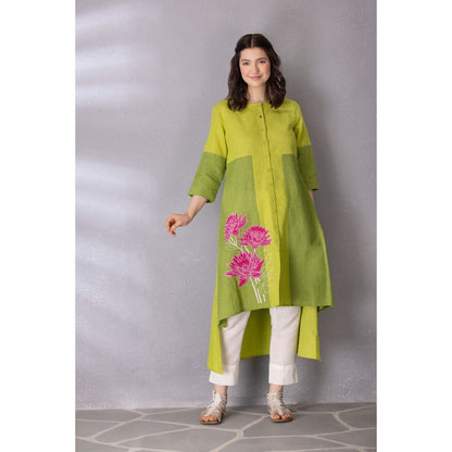 Tanu Malhotra Lime Green Cotton Linen Embroidered High-Low Kurta with Pant (Set of 2)