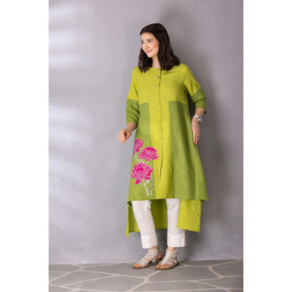 Tanu Malhotra Lime Green Cotton Linen Embroidered High-Low Kurta with Pant (Set of 2)
