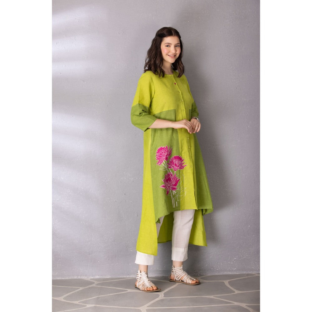 Tanu Malhotra Lime Green Cotton Linen Embroidered High-Low Kurta with Pant (Set of 2)