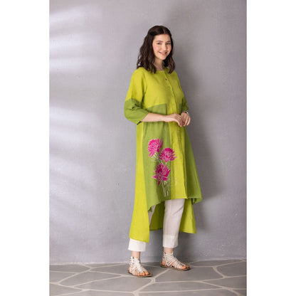 Tanu Malhotra Lime Green Cotton Linen Embroidered High-Low Kurta with Pant (Set of 2)