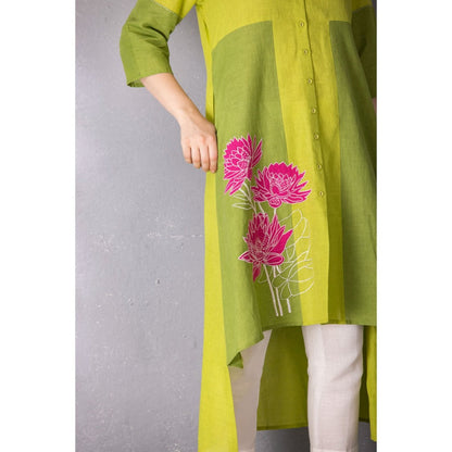 Tanu Malhotra Lime Green Cotton Linen Embroidered High-Low Kurta with Pant (Set of 2)