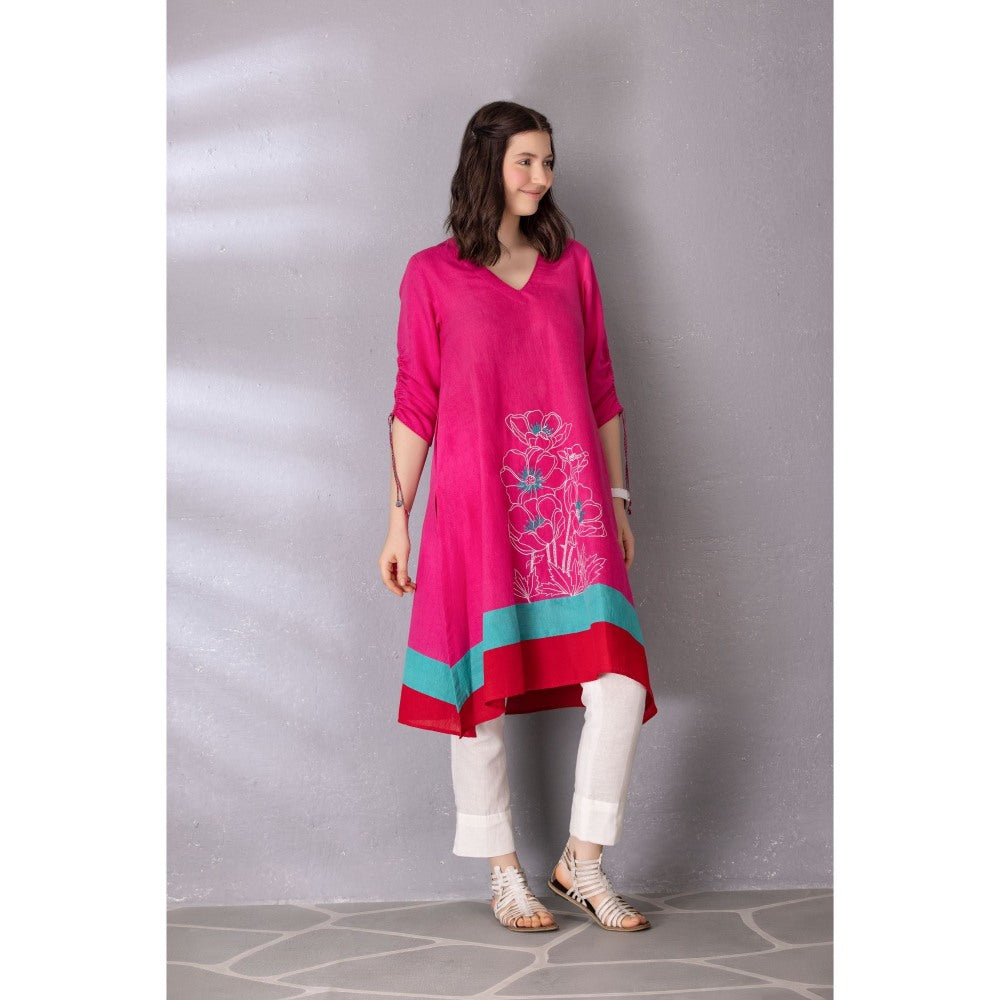 Tanu Malhotra Pink Bubble Gum Cotton Linen Embroidered A-Line Kurta with Pant (Set of 2)