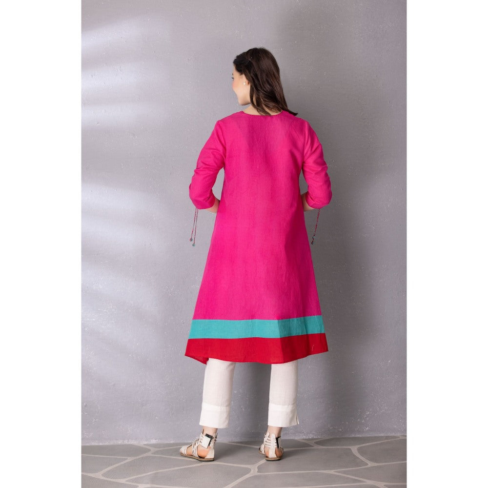 Tanu Malhotra Pink Bubble Gum Cotton Linen Embroidered A-Line Kurta with Pant (Set of 2)