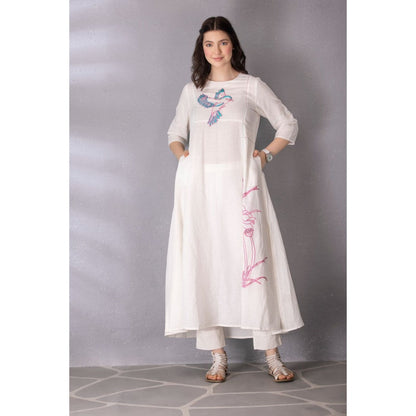 Tanu Malhotra White Cotton Linen Embroidered A-Line Kurta with Pant (Set of 2)