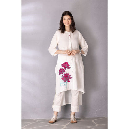 Tanu Malhotra White Cotton Linen Embroidered High-Low Kurta with Pant (Set of 2)