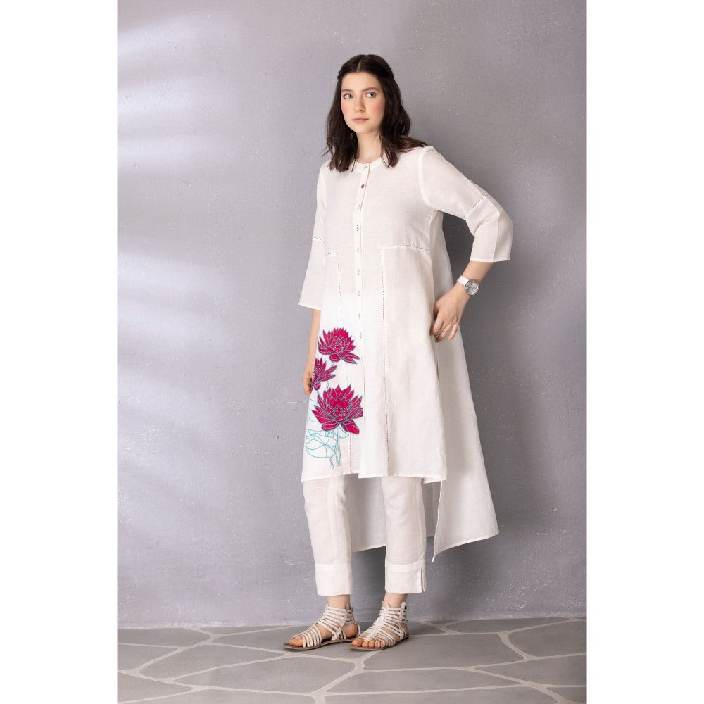 Tanu Malhotra White Cotton Linen Embroidered High-Low Kurta with Pant (Set of 2)