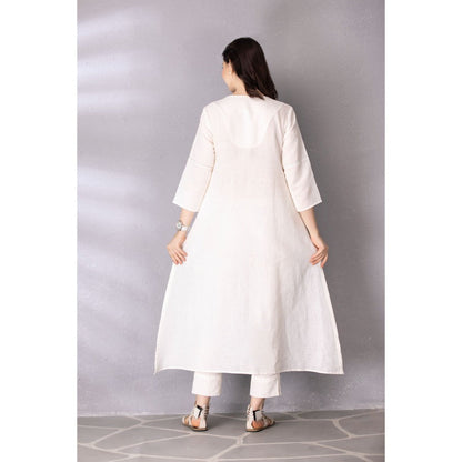 Tanu Malhotra White Cotton Linen Embroidered High-Low Kurta with Pant (Set of 2)