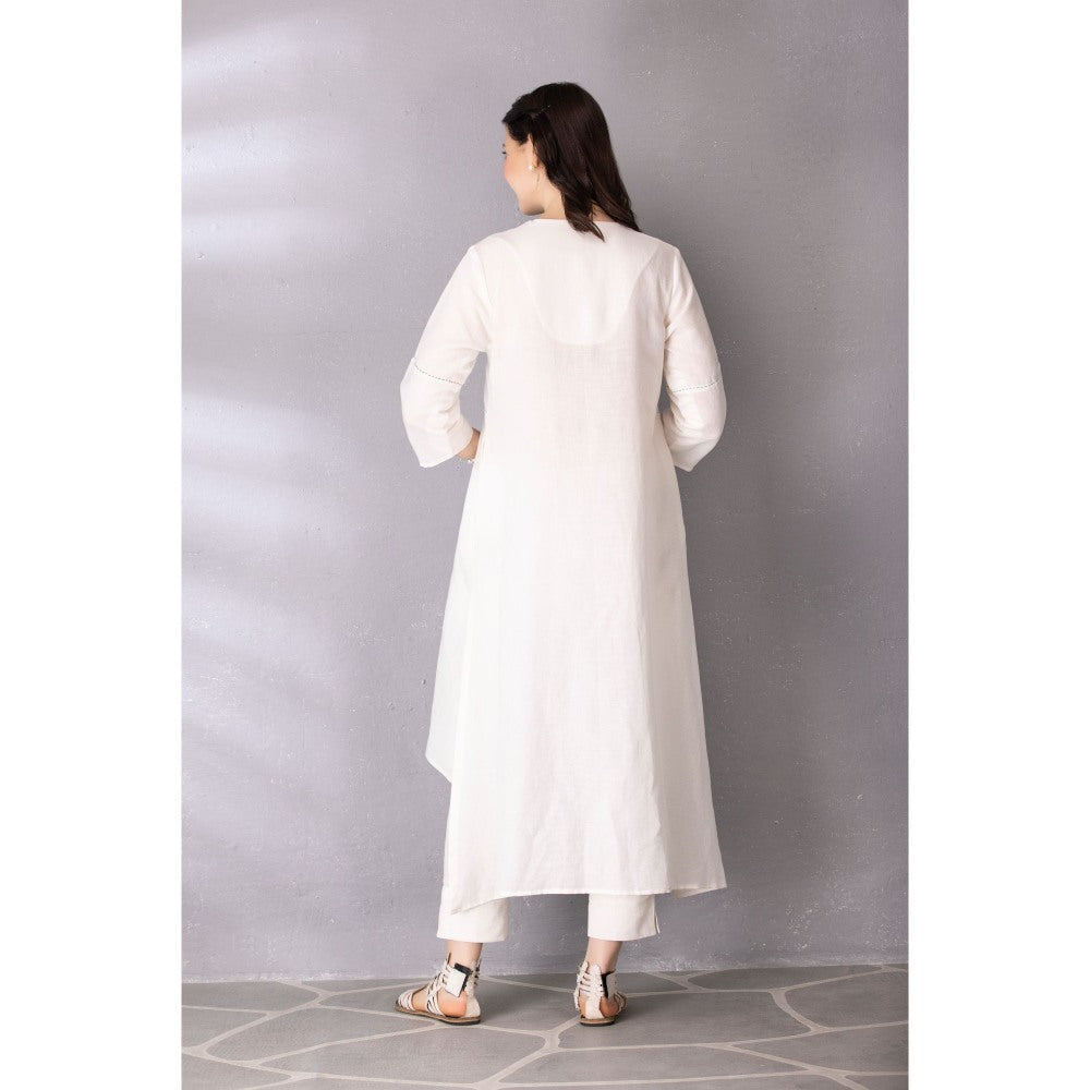 Tanu Malhotra White Cotton Linen Embroidered High-Low Kurta with Pant (Set of 2)