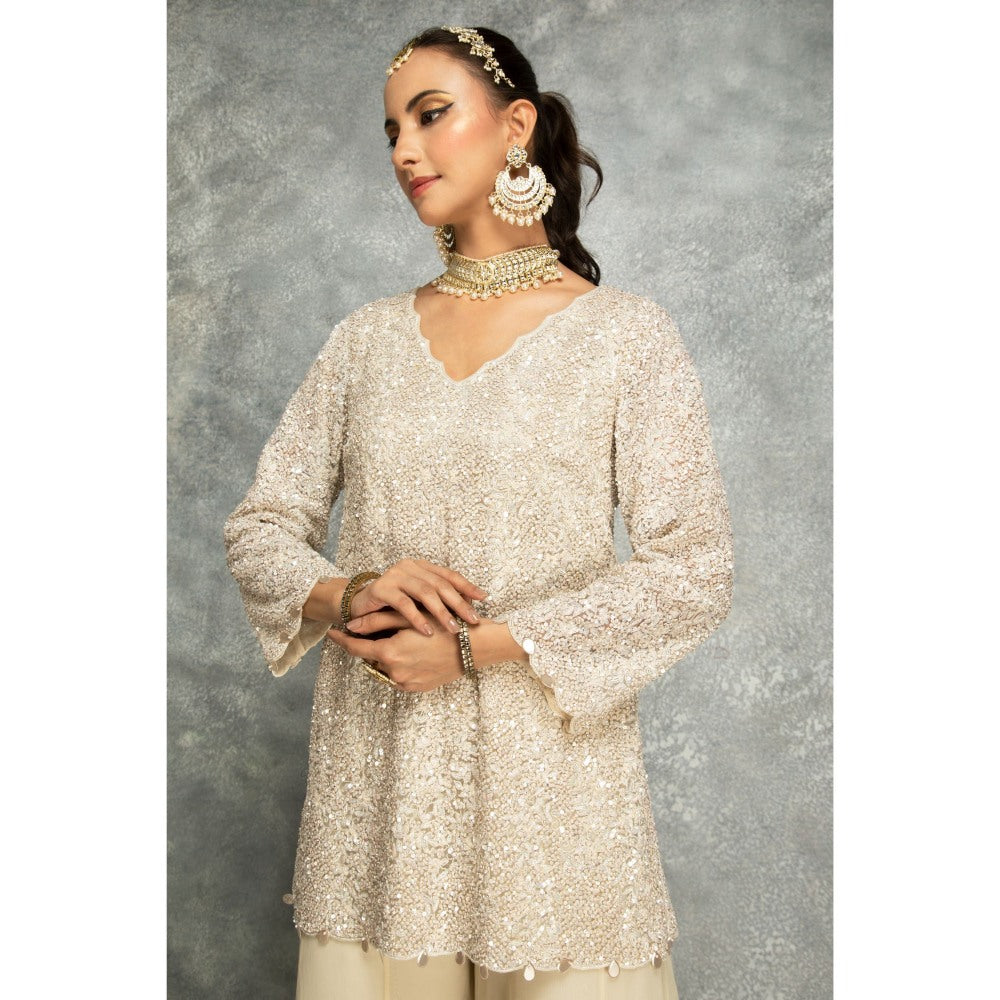 Tanu Malhotra Ivory Organza Embroidered Palazzo with Top and Dupatta (Set of 3)