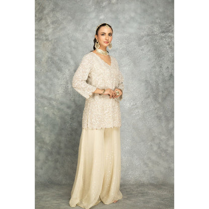 Tanu Malhotra Ivory Organza Embroidered Palazzo with Top and Dupatta (Set of 3)