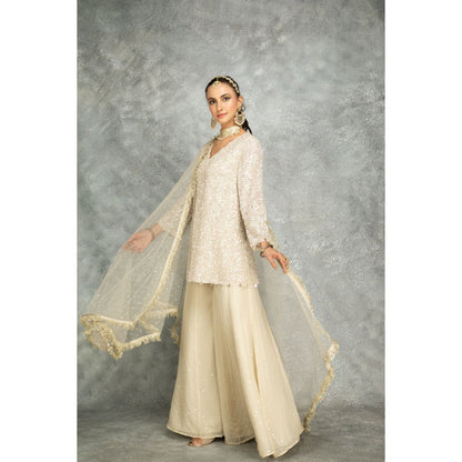 Tanu Malhotra Ivory Organza Embroidered Palazzo with Top and Dupatta (Set of 3)
