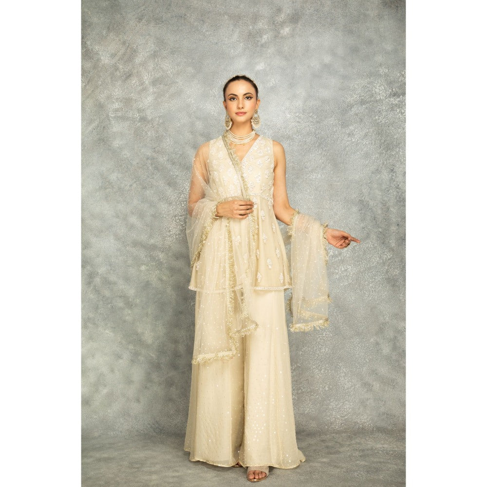 Tanu Malhotra Beige Organza Embroidered Sharara with Peplum Top and Dupatta (Set of 3)