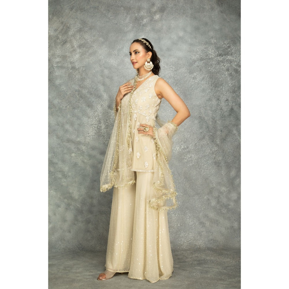 Tanu Malhotra Beige Organza Embroidered Sharara with Peplum Top and Dupatta (Set of 3)