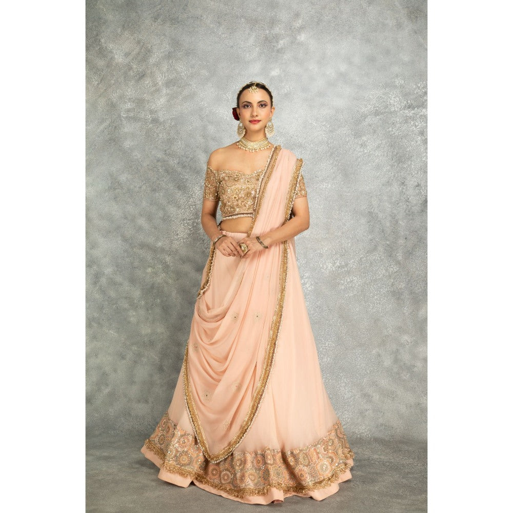 Tanu Malhotra Peach Georgette Sequins Embroidered Lehenga With Blouse And Dupatta (Set of 3)