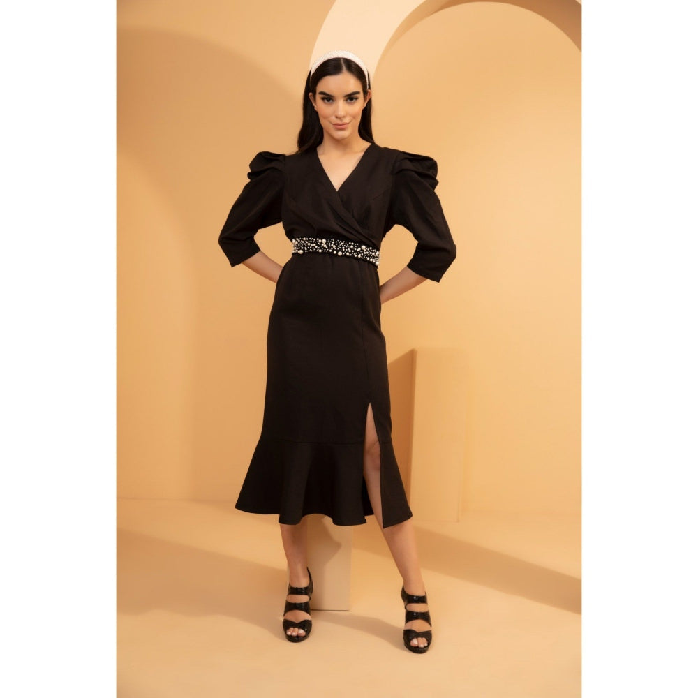 Tarini Vij Anne Black Midi Dress with Pearl Belt (Set of 2)