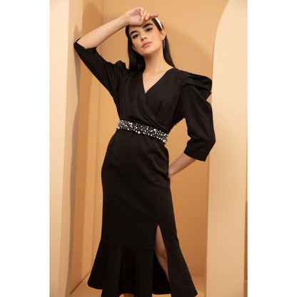 Tarini Vij Anne Black Midi Dress with Pearl Belt (Set of 2)