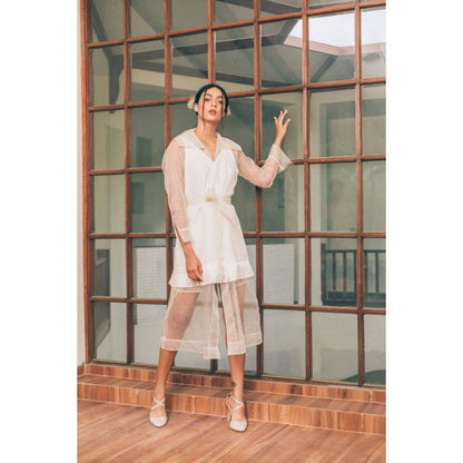 Tarini Vij Kate & Kylie White Sleeveless Mini Dress with Midi-Length Jacket (Set of 3)