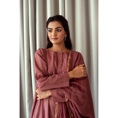 Taro India Rouge Pink & Gold Anarkali Kurta (Set of 3)