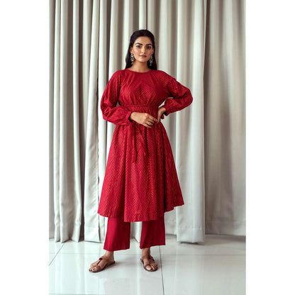 Taro India Cranberry Red Anarkali Kurta and Pant (Set of 3)