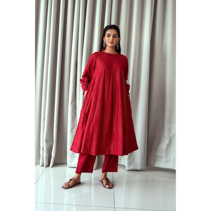 Taro India Cranberry Red Anarkali Kurta and Pant (Set of 3)