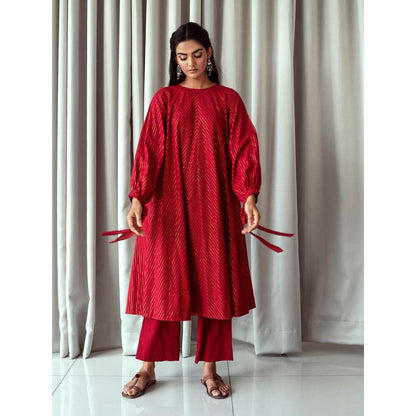 Taro India Cranberry Red Anarkali Kurta and Pant (Set of 3)