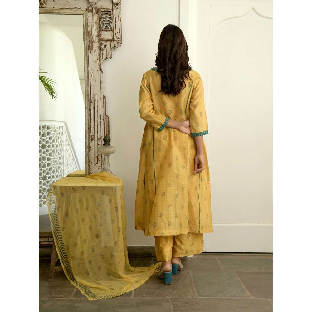 Taro india Mustard and Cinnamon Kurta with Pant and Dupatta (Set of 3)