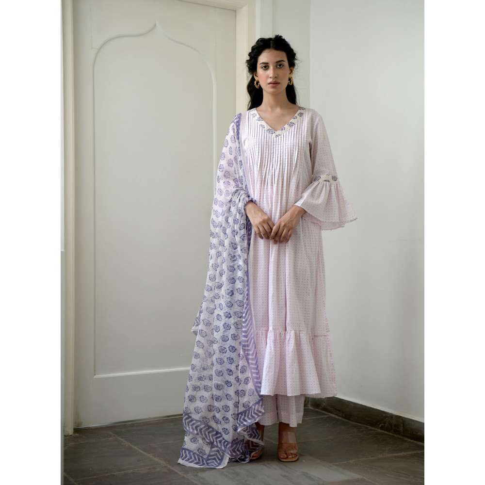 Taro india Rosy Flamingo Pleated Kurta with Pant and Dupatta (Set of 3)