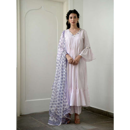 Taro india Rosy Flamingo Pleated Kurta with Pant and Dupatta (Set of 3)