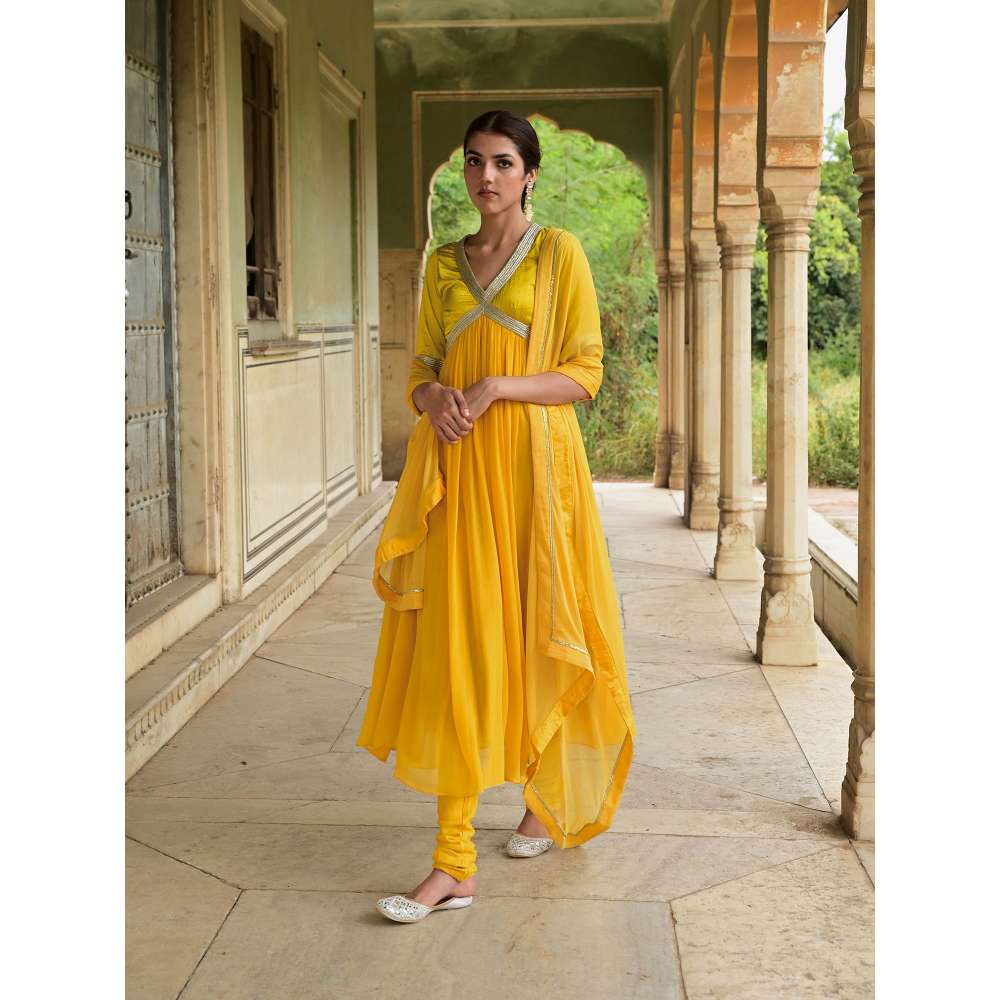 Taro India Kaner Yellow Anarkali Kurta with Churidar & Dupatta (Set of 3)