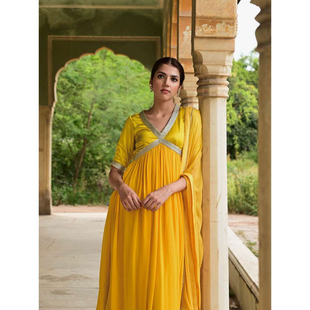 Taro India Kaner Yellow Anarkali Kurta with Churidar & Dupatta (Set of 3)