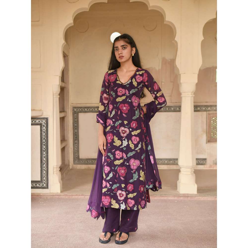 Taro India Orchid Purple Kurta with Pant and Dupatta (Set of 3)