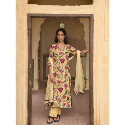 Taro India Corn Yellow Kurta with Pant and Dupatta (Set of 3)