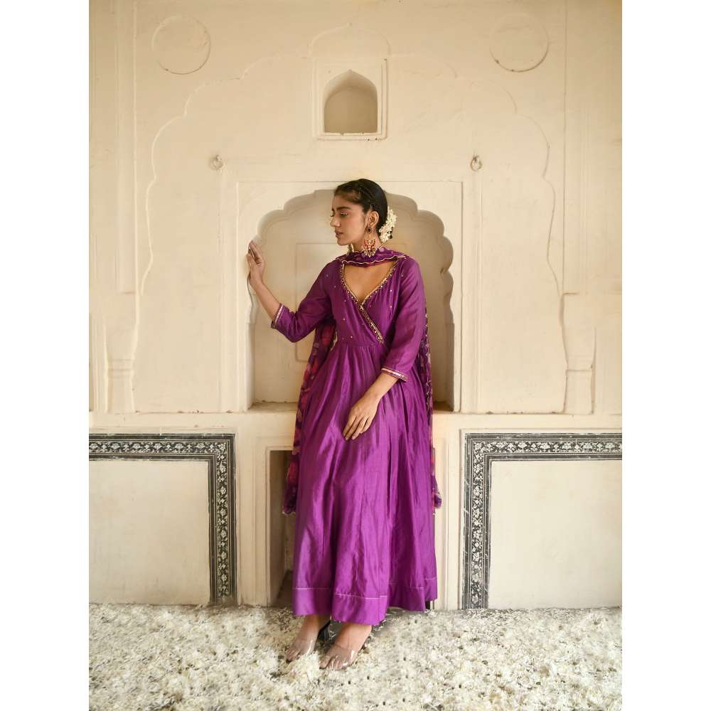 Taro India Russian Purple Anarkali with Pant and Dupatta (Set of 3)