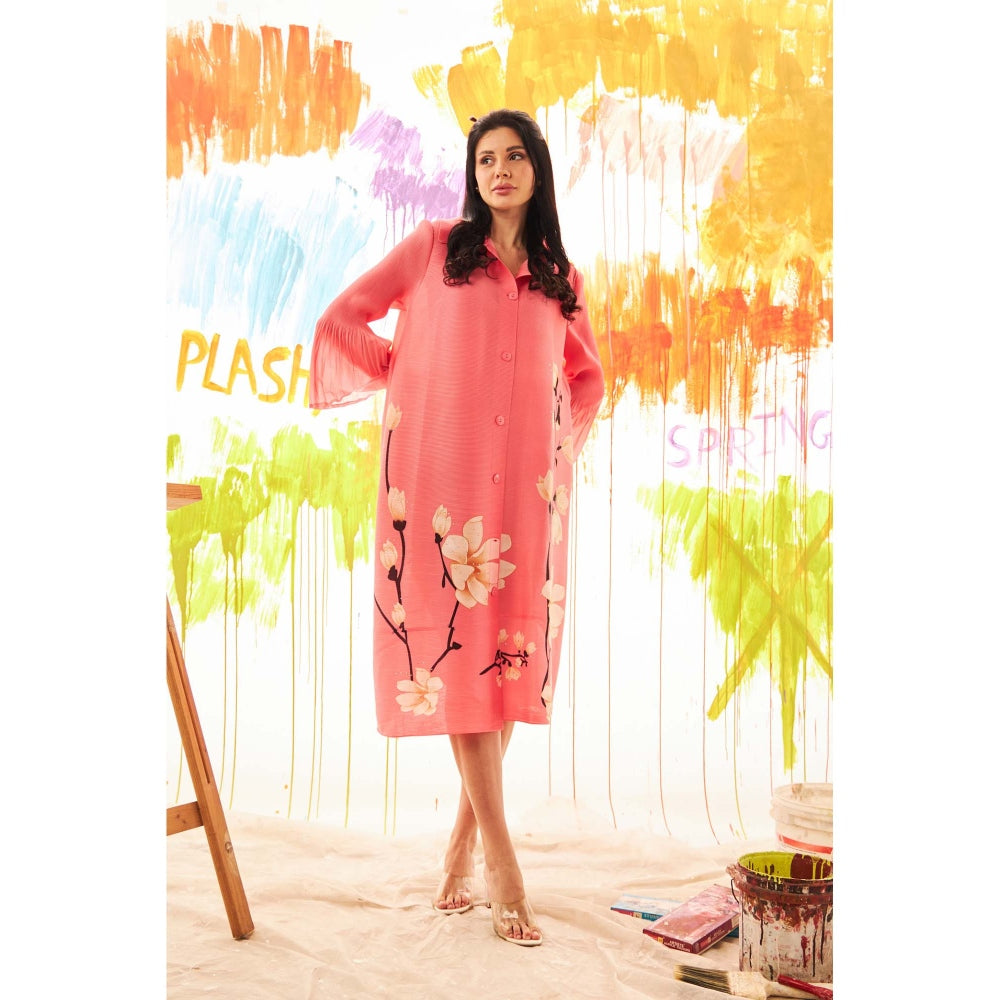 TASUVURE Coral Fable Floral Shirt Dress