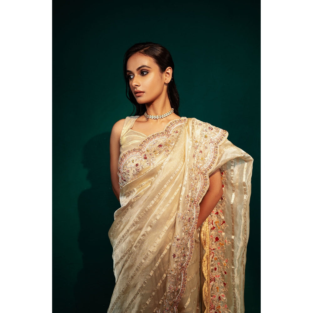 TATWAMM Beige Chanderi Tissue Saree with Unstitched