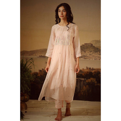 Tatwa Designs Ivory Pink Flamingo Kurta (Set of 3)