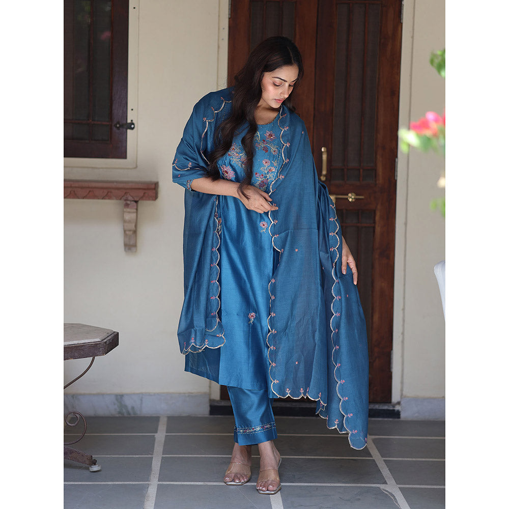 Tatwa Designs Prussian Blue Dream Garden Kurta with Pant & Dupatta (Set of 3)