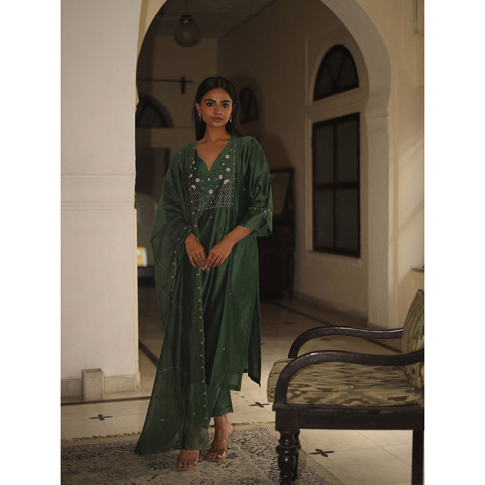 Tatwa Designs Bottle Green Glass Beaded Kurta with Dupatta (Set of 3)